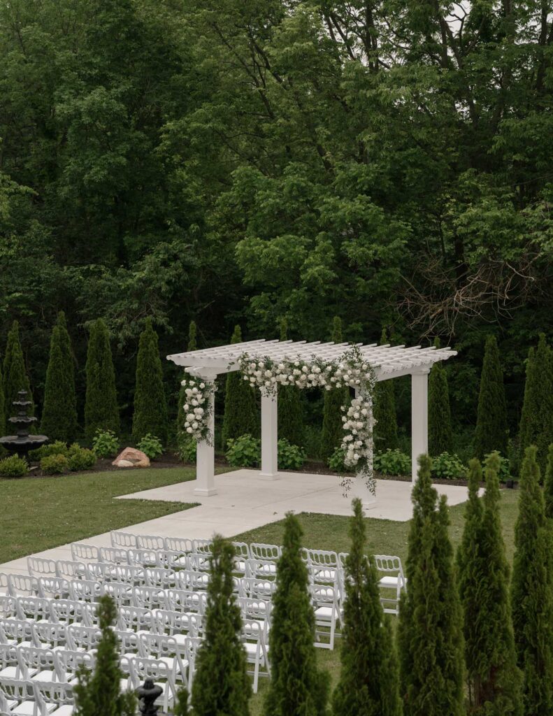 White Willow Meadows Franklin Ohio wedding ceremony area with white chairs.