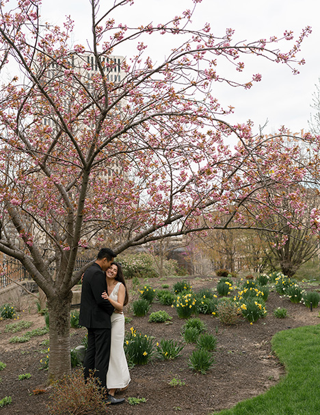 A bride and groom to be stand under a tree adorned with pink blossoms, capturing a romantic moment. Photography by Stevie Davis.