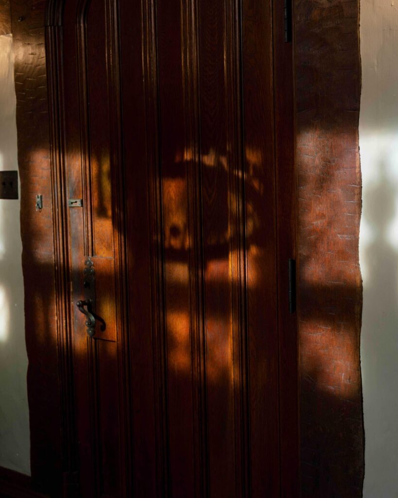 Warm sunlight casts a shadow of a jack-o’-lantern on a wooden door, creating a cozy yet slightly eerie autumnal atmosphere.