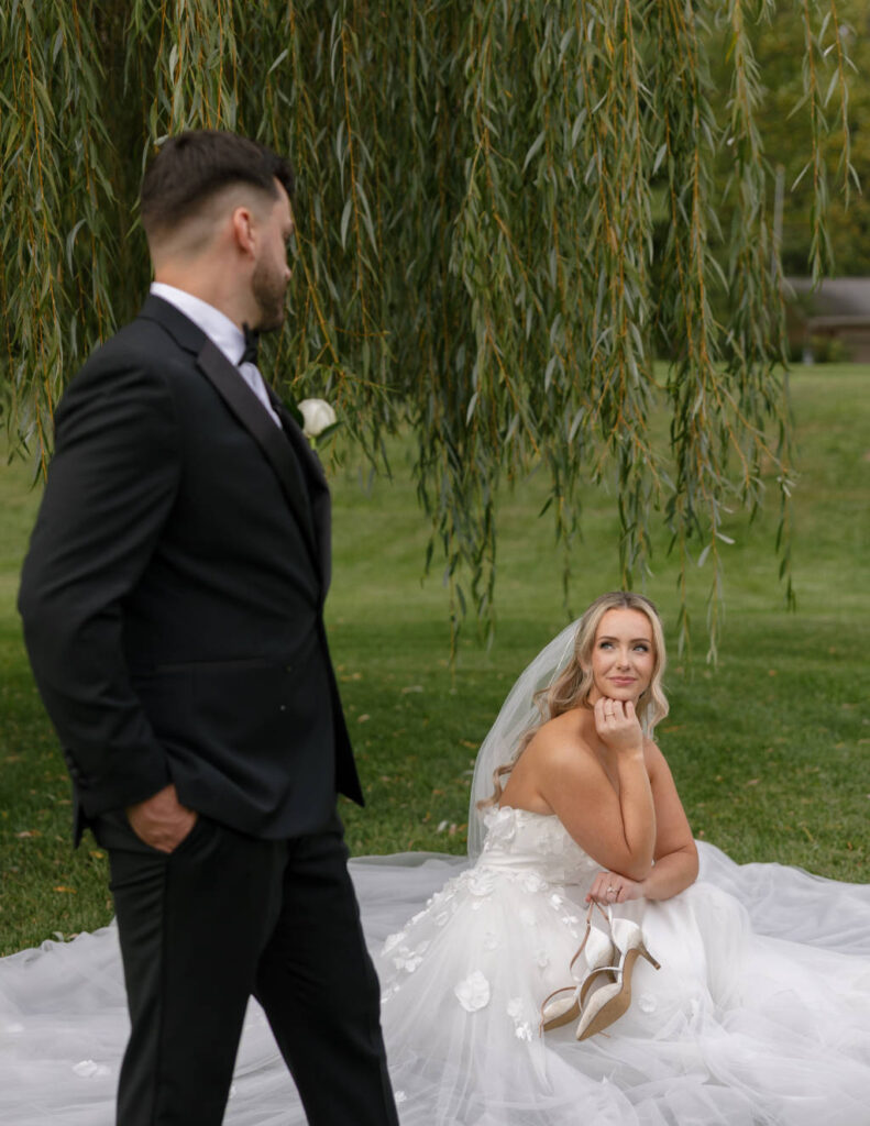 Bride and groom sharing a quiet moment outdoors on their Ohio wedding day.