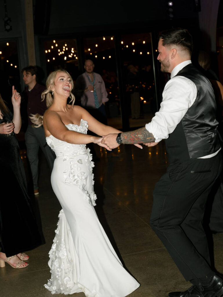 Just-married couple sharing their first dance at The Everhart Gathering Place.